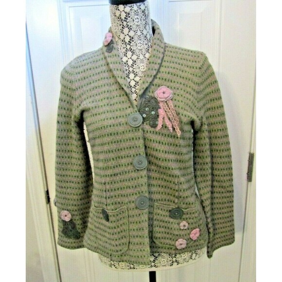 Sigrid Olsen Cardigan Green Wool Blend Knit Sweater Crochet Floral Accents PM - Picture 2 of 12